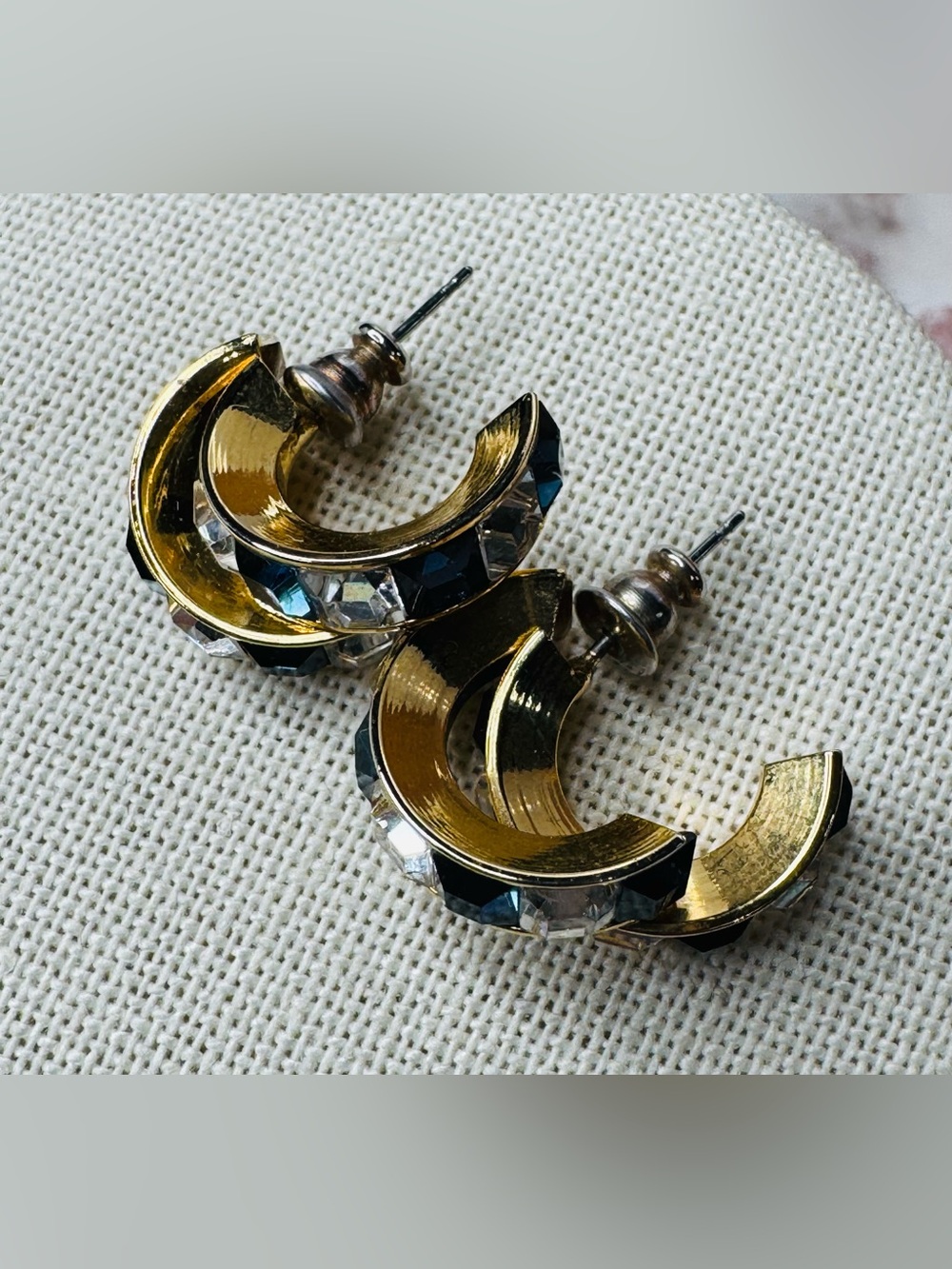 Gold-Tone Blue & Clear Crystal Double Hoop Earrings - Picture 3 of 7